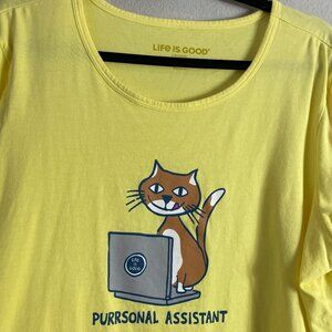 Life Is Good Womens XL Purrrsonal Assistant Cat Tee Shirt Yellow 3/4 Sleeve
